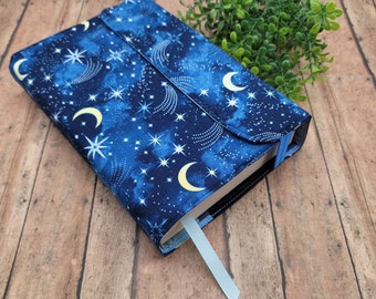 Wrap-Around Book Cover, Adjustable Book, Book Sleeve, Book Jacket, Padded Book Cover, Fabric Book Cover, Bible Cover -Shooting Stars & Moons