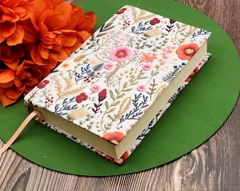 STRETCH Book Covers, Book Protector, Fabric Book Cover, Bible Cover, Journal Cover, Planner Cover -Orange & Pink Floral Faux Embroidery-