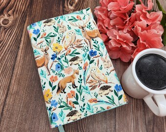 Adjustable Book Cover, Book Sleeve, Bookish, Book Accessories, Planner, Journal Cover, Bible Cover, Bookmark -Watercolor Woodland Friends-