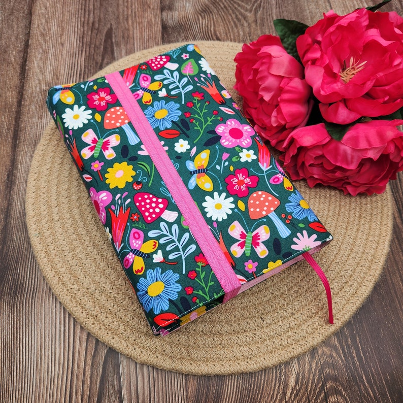 Wrap-Around Book Cover, Book Sleeve, Book Pouch, Padded Book Cover, Fabric Book Cover, Bible Cover, Planner Cover Mushrooms Floral Garden image 2