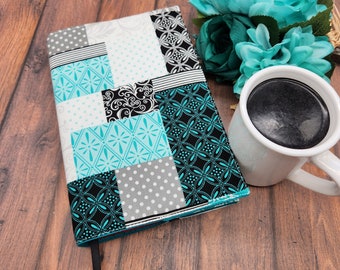 Adjustable Book Cover, Book Sleeve, Journal Cover, Padded Book Cover, Book Lover, Bookworm, Fabric Book Cover -Turquoise Patchwork-