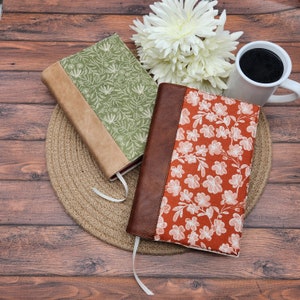 Book or Bible Cover with Faux Leather Spine, Book Sleeve, Book Pouch, Book Lover, Fabric Book Cover -Olive Green or Rust Floral-