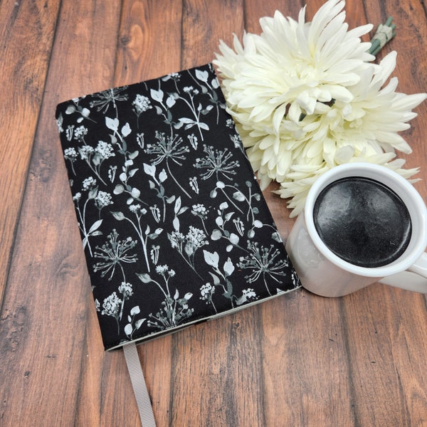 Adjustable Book Cover, Book Sleeve, Book Pouch, Book Accessories, Fabric Book Cover, Bible Cover, Bookmark -Stems & Flowers on Black-