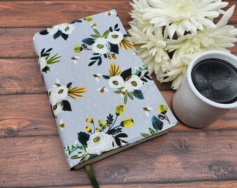 Adjustable Book Cover, Book Sleeve, Book Pouch, Book Accessories, Fabric Book Cover, Bible Cover, Bookmark -Bees Floral Dots-