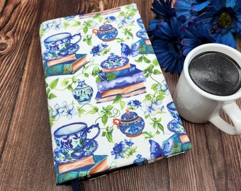 Adjustable Book Cover, Book Sleeve, Book Pouch, Padded Book Cover, Bible Cover, Bookish, Fabric Book Cover -Drink Tea Read Books-