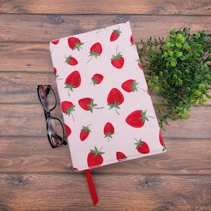 Adjustable Book Cover, Book Sleeve, Book, Padded Book Cover, Fabric Book Cover, Bookmark, Bible Cover, Planner -Strawberries Dots-
