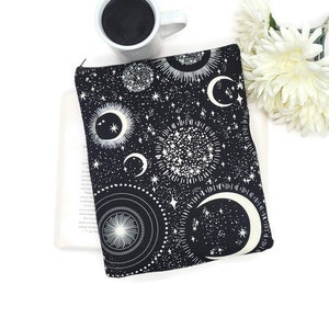 Book Sleeve, Book Cover, Book pouch, Book Lover, Kindle Sleeve, Bookish -Glow In Dark Moon & Stars Black-