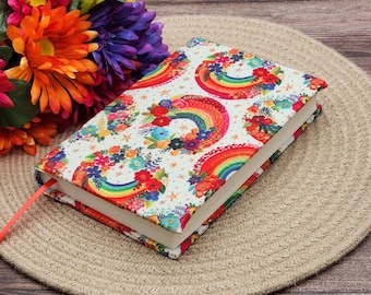 STRETCH Book Covers, Book Protector, Fabric Book Cover, Bible Cover, Journal Cover, Planner Cover -Rainbows Floral Faux Embroidery-