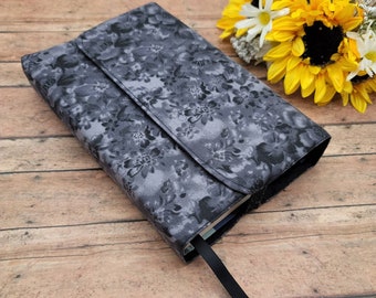 Wrap-Around Book Cover, Adjustable Book Cover, Book Sleeve, Book pouch, Padded Book Cover, Bible Cover, Planner Cover -Black Fadded Floral-