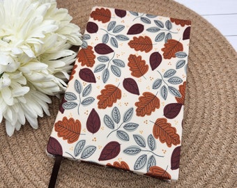 STRETCH Book Covers, Book Sock, Book Sleeve, Fabric Book Cover, Bible Cover, Journal Cover, Planner Cover, Bookish -Fall Leaves on Beige-