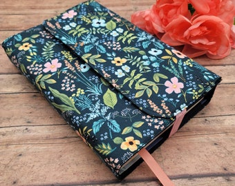 Wrap-Around Book Cover, Adjustable Book Cover, Book Sleeve, Book Pouch, Padded Book Cover, Planner, Bible Cover -Amalfi Herb Garden Navy-