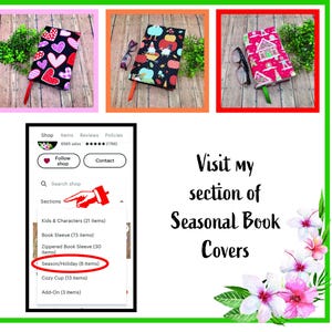 May include: A screenshot of an Etsy shop page showcasing a selection of book covers with seasonal designs. The shop owner is highlighting their "Seasonal Book Covers" section. The image features three different book covers with hearts, pumpkins, and a gingerbread house.