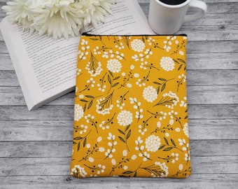 Zippered Book Sleeve, Book Cover, Book Pouch, Padded Book Sleeve, Book Lover, Tablet Cover, Planner, Bible Cover -Mustard Floral-