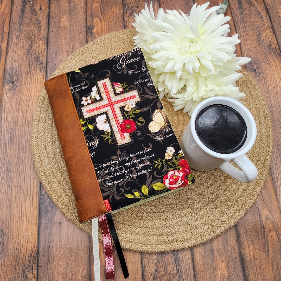 Bible Cover With Faux Leather Spine, Bible Sleeve, Book Sleeve, Bible