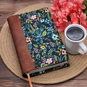 Bible or Book Cover with Faux Leather Spine, Bible Sleeve, Book Sleeve, Fabric Book Cover, Devotional Cover -Amalfi Herb Garden Navy-