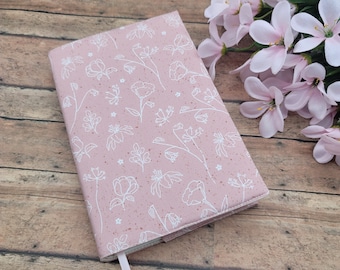 Adjustable Book Cover, Book Sleeve, Book Pouch, Padded Book Cover, Bookworm, Fabric Book Cover -Pink White Line Art Floral-