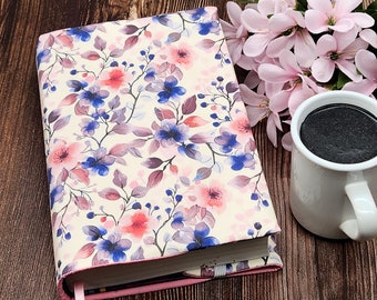 Adjustable Book Cover, Book Sleeve, Book Pouch, Padded Book Cover, Bible Cover, Bookish, Fabric Book Cover -Pink & Blue Flowers-