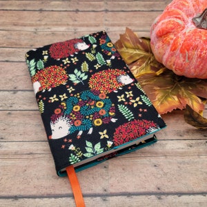 Adjustable Book Cover, Book Sleeve, Padded Book Cover, Bookish, Fabric Book Cover, Bible Cover, Bookmark, Planner -Floral Hedgehog-