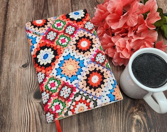 Adjustable Book Cover, Book Sleeve, Book Pouch, Padded Book Cover, Bible Cover, Bookish, Fabric Book Cover -Faux Crochet Multi Squares-