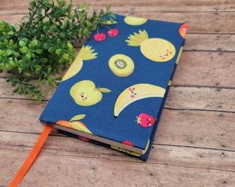 STRETCHABLE Book Covers, Book Protector, Book Sleeve, Book Jacket, Book Lover, Fabric Book Cover, Textbook Jacket, Bible Cover -Fruits Navy-