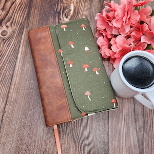 Wrap-Around Book Cover, Adjustable Book Cover, Book Sleeve, Book Pouch, Bible Cover, Planner Cover -Green Darling Mushroom-