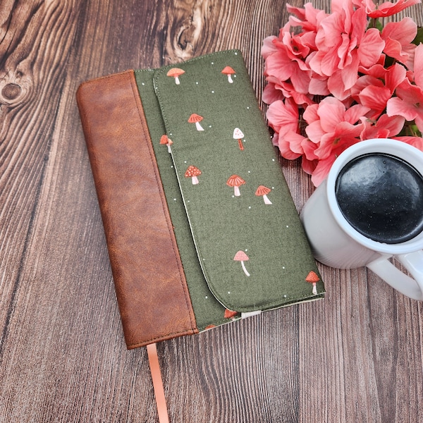 Wrap-Around Book Cover, Adjustable Book Cover, Book Sleeve, Book Pouch, Bible Cover, Planner Cover -Green Darling Mushroom-