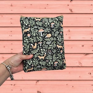 Book Sleeve, Book Cover, Book Pouch, ZipperedBookSleeve, Book Lover, Kindle Sleeve, Bookish -Fox & Mushrooms-