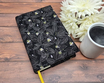 Adjustable Book Cover, Book Sleeve, Book Pouch, Book Accessories, Fabric Book Cover, Bible Cover, Bookmark -Fireflies & Leaves Black-