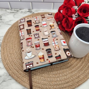 Adjustable Book Cover, Book Sleeve, Book Pouch, Book Accessories, Fabric Book Cover, Bible Cover, Bookmark, Journal Cover -Coffee on Tan-