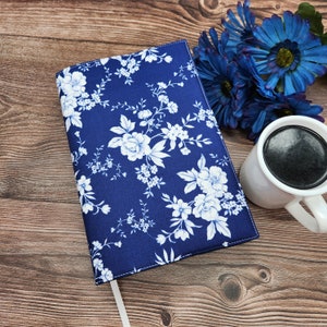 Adjustable Book Cover, Book Sleeve, Book Pouch, Book Accessories, Fabric Book Cover, Bible Cover, Bookmark -Blue Country Floral-