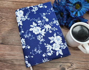 Adjustable Book Cover, Book Sleeve, Book Pouch, Book Accessories, Fabric Book Cover, Bible Cover, Bookmark -Blue Country Floral-