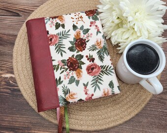 Bible Cover with Faux Leather Spine, Bible Sleeve, Book Sleeve, Bible Wrap, Fabric Book Cover, Devotional Cover -Beige & Rust Roses-