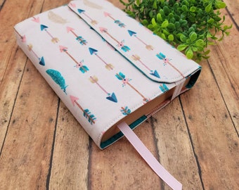 Wrap-Around Book Cover, Book Sleeve, Book Pouch, Padded Book Cover, Fabric Book Cover, Bible Cover, Planner Cover, Journal -Pink Arrows-