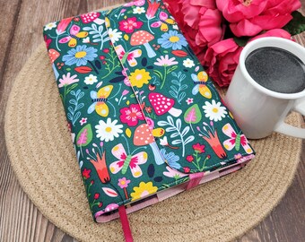 Wrap-Around Book Cover, Book Sleeve, Book Pouch, Padded Book Cover, Fabric Book Cover, Bible Cover, Planner Cover -Mushrooms Floral Garden-