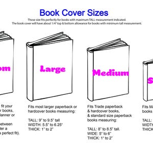 May include: A black and white line drawing chart titled Book Cover Sizes, displaying four book illustrations labeled Custom, Large, Medium, and Small in pink text. The chart includes specific imperial measurements in inches for each book size category.