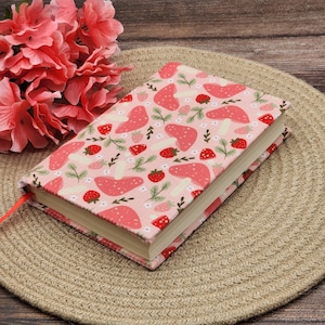 STRETCH Book Covers, Book Protector, Book Sleeve, Fabric Book Cover, Bible Cover, Journal Cover, Planner Cover -Mushrooms & Strawberries-