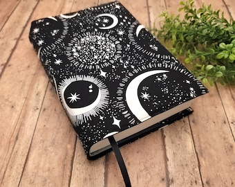 Adjustable Book Cover, Book Sleeve, Padded Book Cover, Bookish, Bookmark, Bible Cover, Planner Cover -Glow In Dark Moon & Stars Black