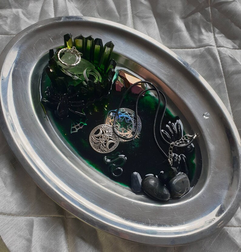 Silver resin spooky insect gemstones jewelry bowl