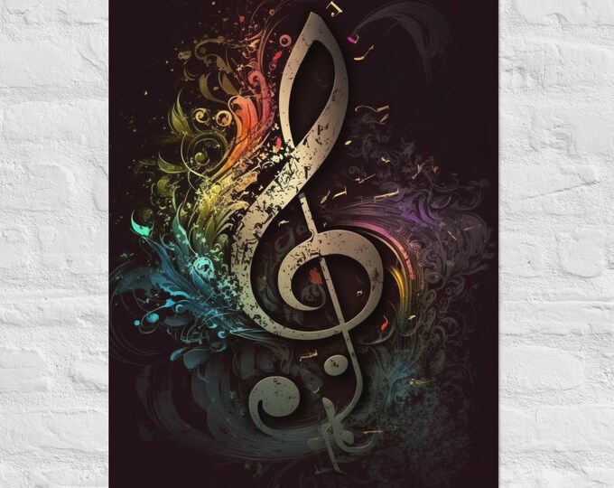 Rainbow Treble Clef Poster – Dark Abstract Music Art Print for Musicians, Studio, or Classroom Decor