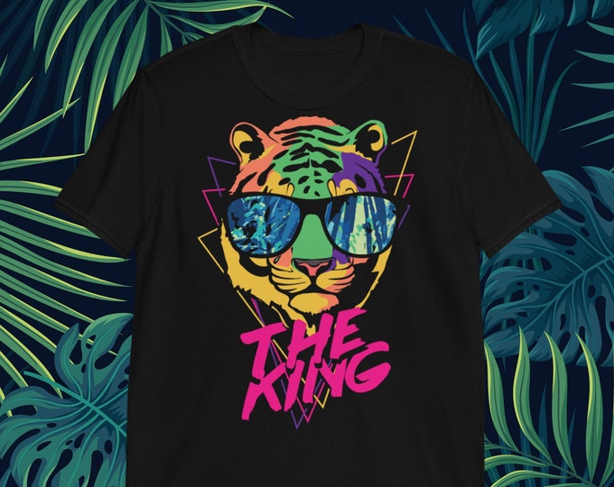 Retro Tiger King T-Shirt | Neon Jungle Animal Shirt | Vaporwave Graphic Tee | 80s Aesthetic | Gildan 64000 Unisex Softstyle T-Shirt