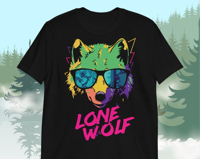 Lone Wolf Retro Neon T-Shirt – Cool Wolf Shirt with Sunglasses, 80s Style Graphic Tee for Independent Thinkers