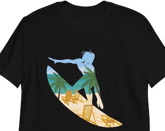 Beach Surfer Silhouette T-Shirt | Tropical Summer Surfboard Graphic Tee | Gildan Softstyle Unisex Vacation Shirt