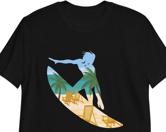 Beach Surfer Silhouette T-Shirt | Tropical Summer Surfboard Graphic Tee | Gildan Softstyle Unisex Vacation Shirt