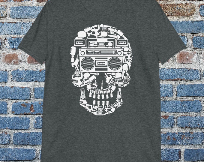 Boombox Skull Music T-Shirt | Retro Audio Skull Tee for DJs, Music Nerds & Audio Lovers | Gildan 64000 Unisex Shirt