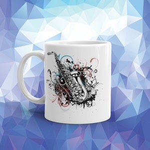 Saxophone Mug with Abstract Swirl Design – Gift for Jazz Lovers, Musicians, and Sax Players