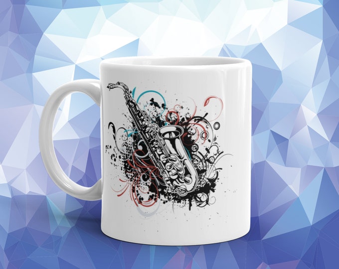 Saxophone Mug with Abstract Swirl Design – Gift for Jazz Lovers, Musicians, and Sax Players