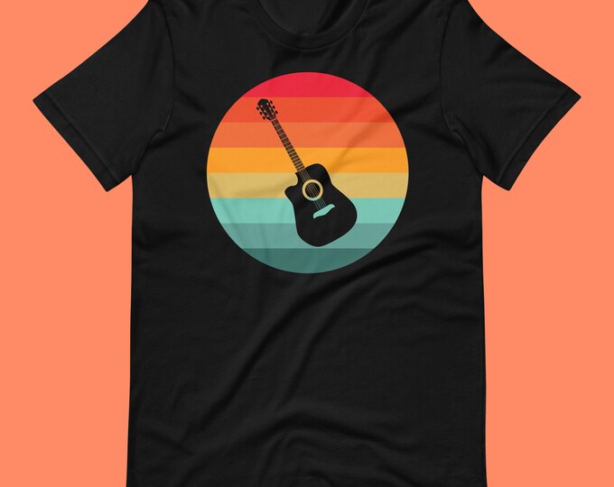 Retro Guitar T-Shirt | Acoustic Guitar Graphic Tee for Musicians | Vintage Sunset Design | Bella + Canvas 3001 Music Lover Shirt