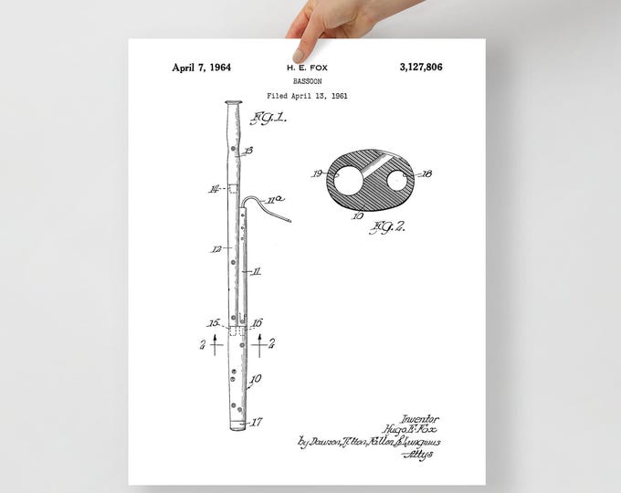 Vintage Bassoon Patent Poster – 1964 Bassoon Blueprint Wall Art for Musicians, Band Teachers, and Woodwind Lovers