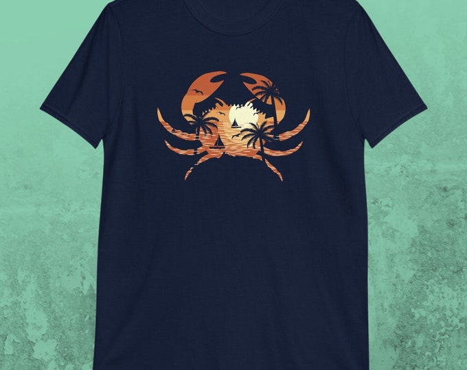 Crab Sunset Beach Shirt | Tropical Ocean Graphic Tee | Gildan 64000 Unisex Softstyle Summer Shirt