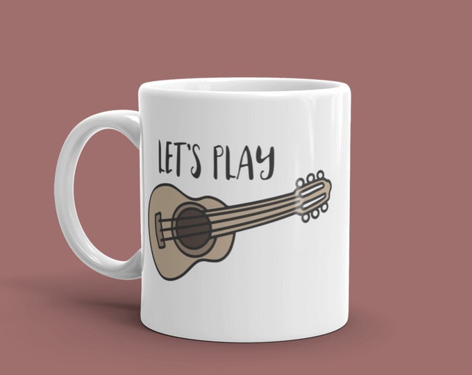 Let's Play Guitar Mug | Cute Musician Coffee Cup | Acoustic Guitar Mug Gift | White Ceramic Music Mug for Guitar Lovers & Teachers